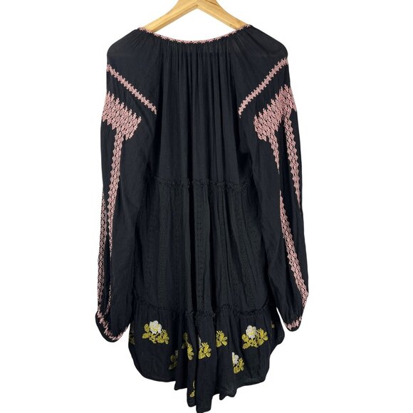 Free People Black Boho Embroidered Tunic Mini Dress Long Sleeve Size L - Picture 2 of 13